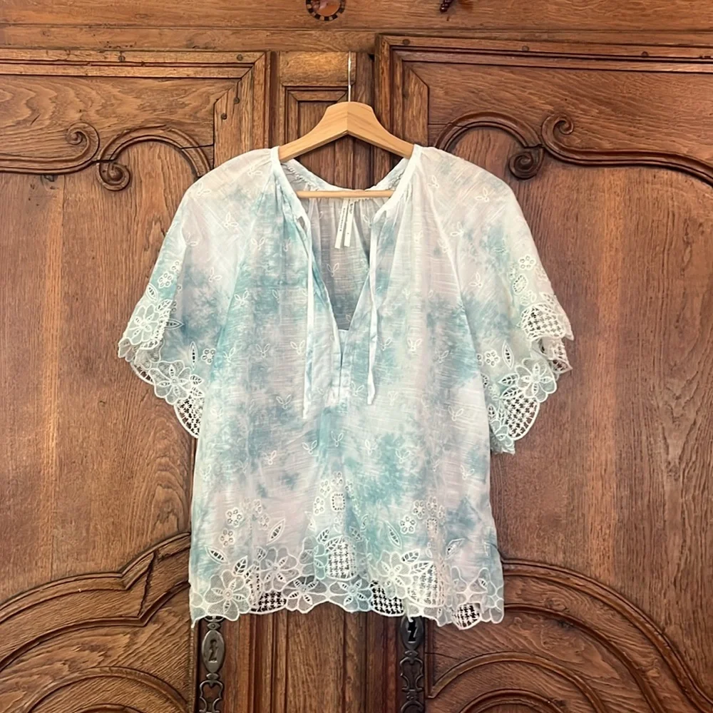 Anthropologie Embroidered Tie Dye Eyelet Lace Boho Puff‎ Sleeve Blouse
